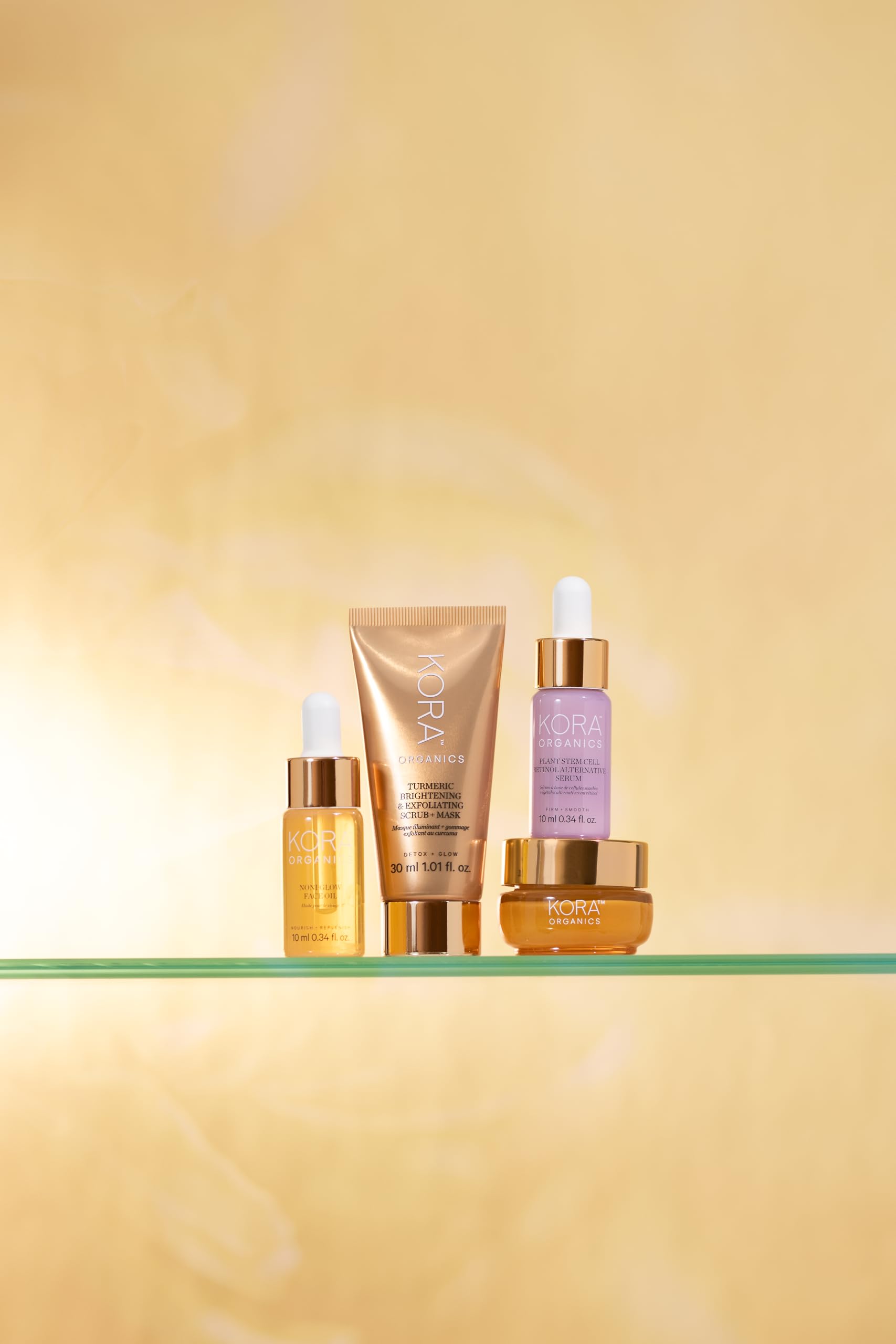 KORA Organics on-skin application scene illustrating morning and evening use.