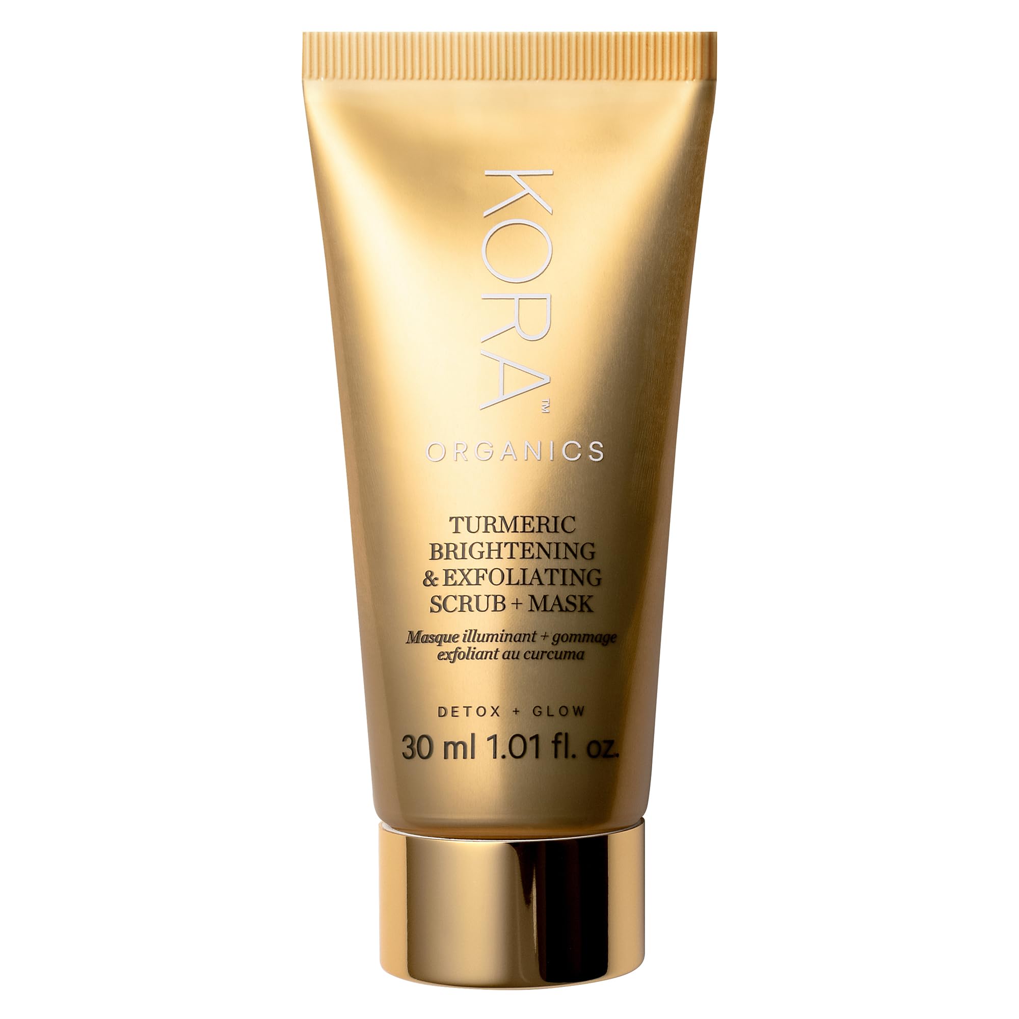 KORA Organics Turmeric Brightening Exfoliating Mask jar closeup showing product details and glow benefits