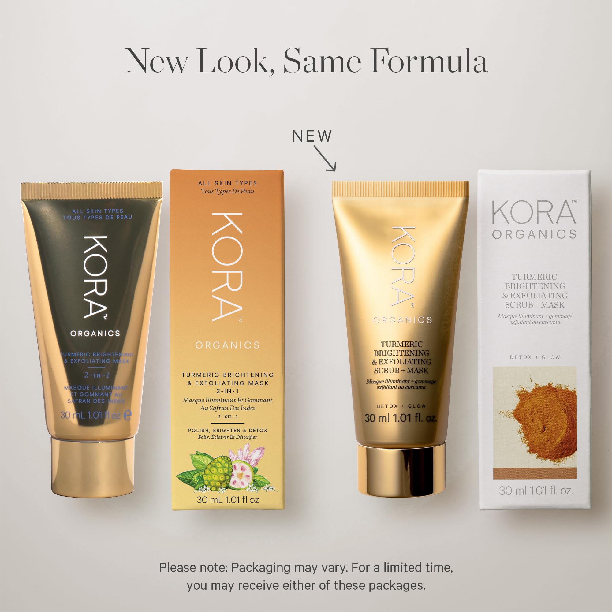 KORA Organics Turmeric mask textured scrub demonstrating gentle exfoliation for smoother pores