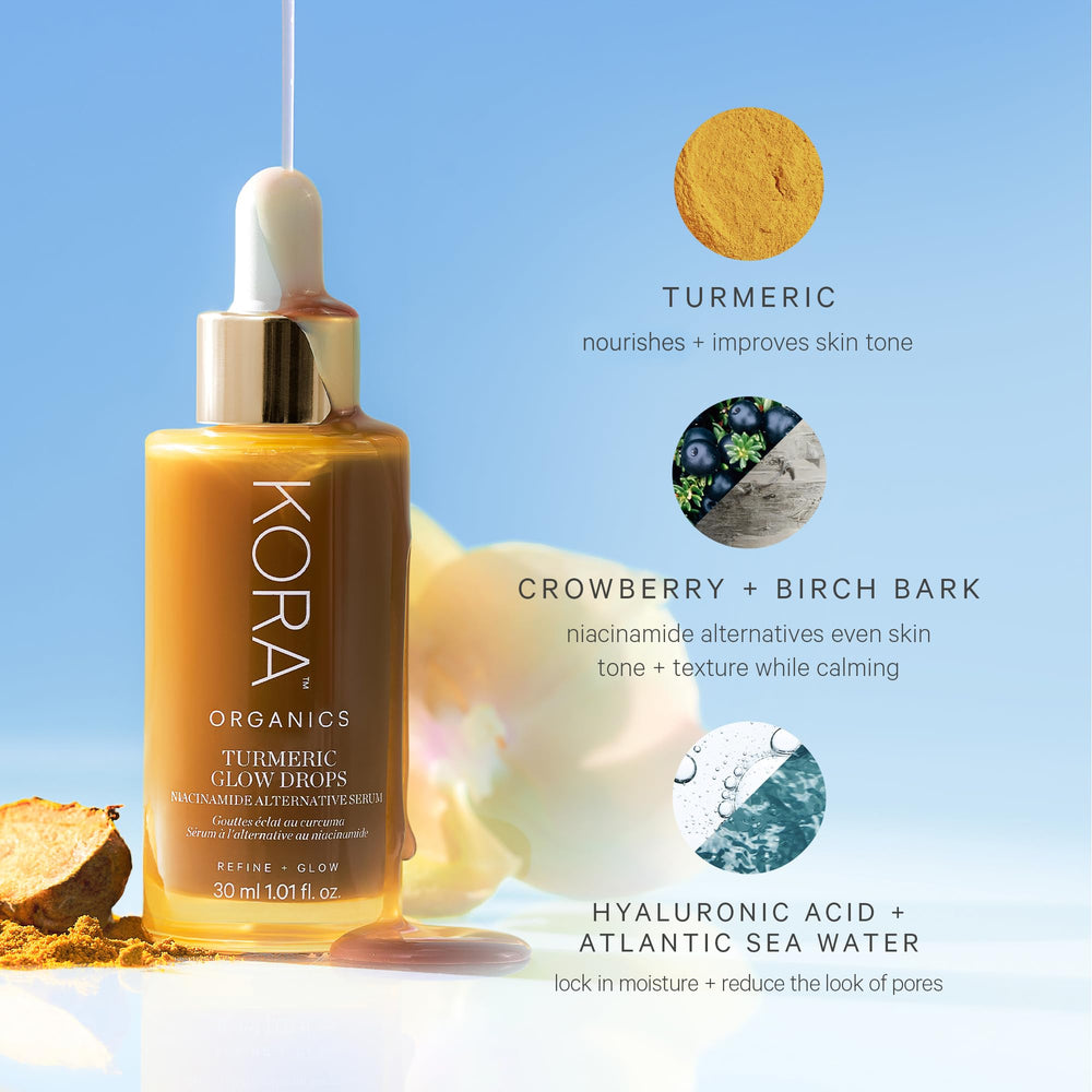 KORA Organics Turmeric Glow Drops sea water minerals for refreshed, dewy skin.