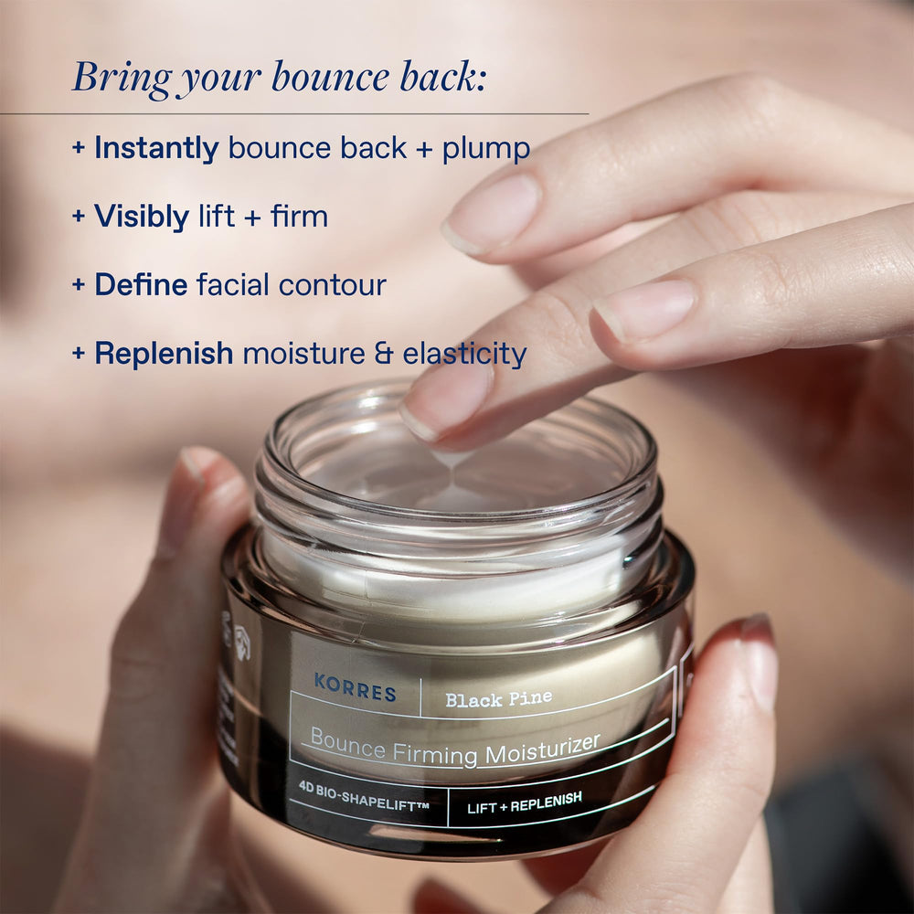 KORRES Black Pine Bounce Moisturizer packaging, eco-conscious design for recyclable skincare