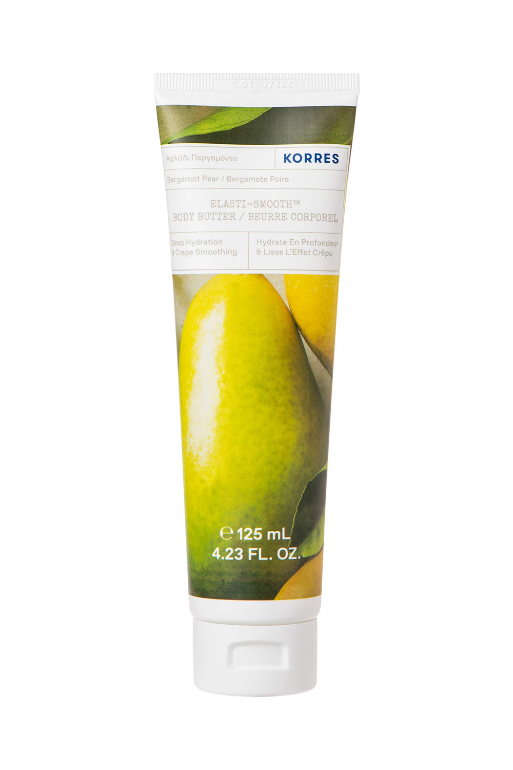 KORRES Elasti-Smooth body butter jar shows rich texture for deep hydration.