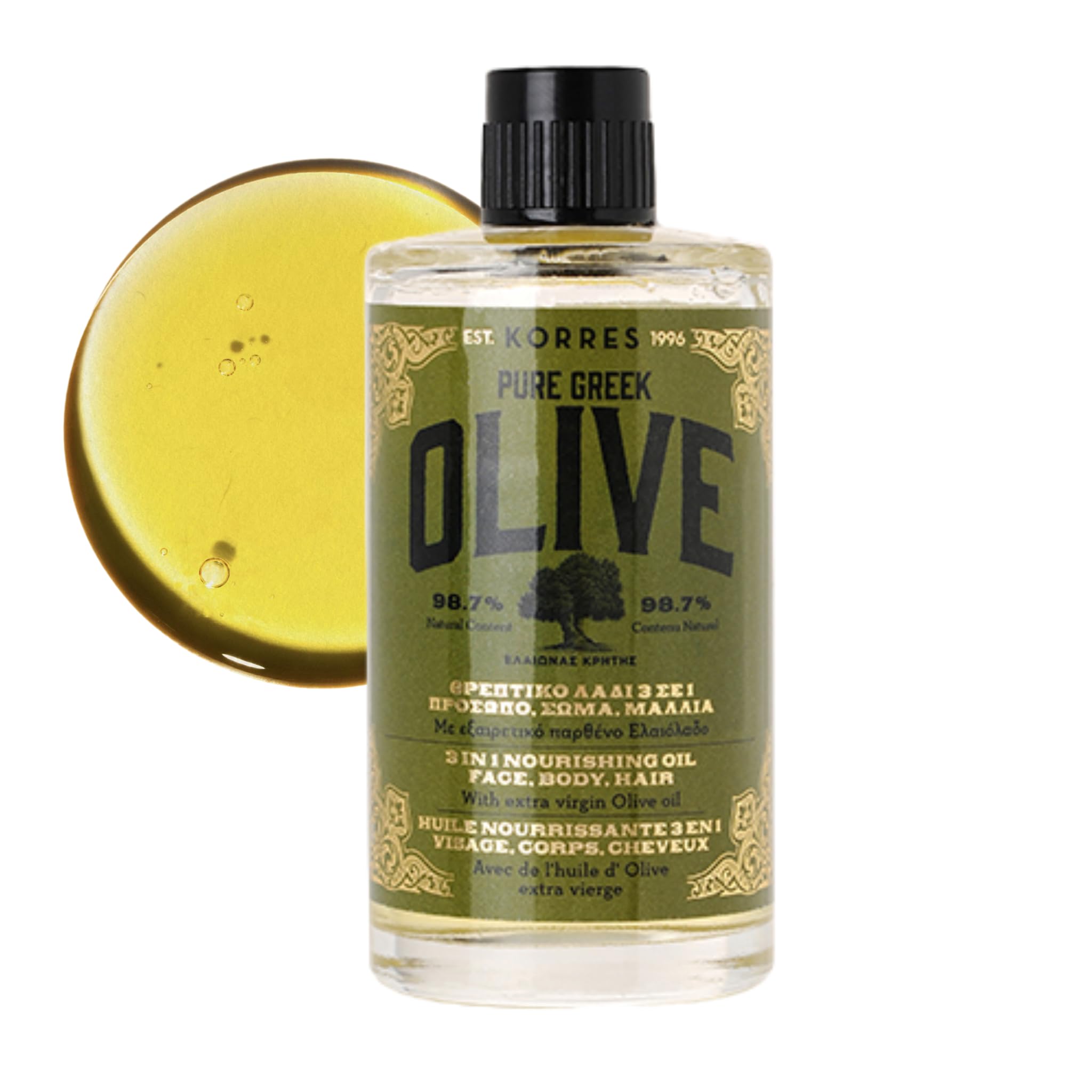 KORRES Extra Virgin Olive Oil bottle pour demonstrates everyday hydration for skin, hair, and body.