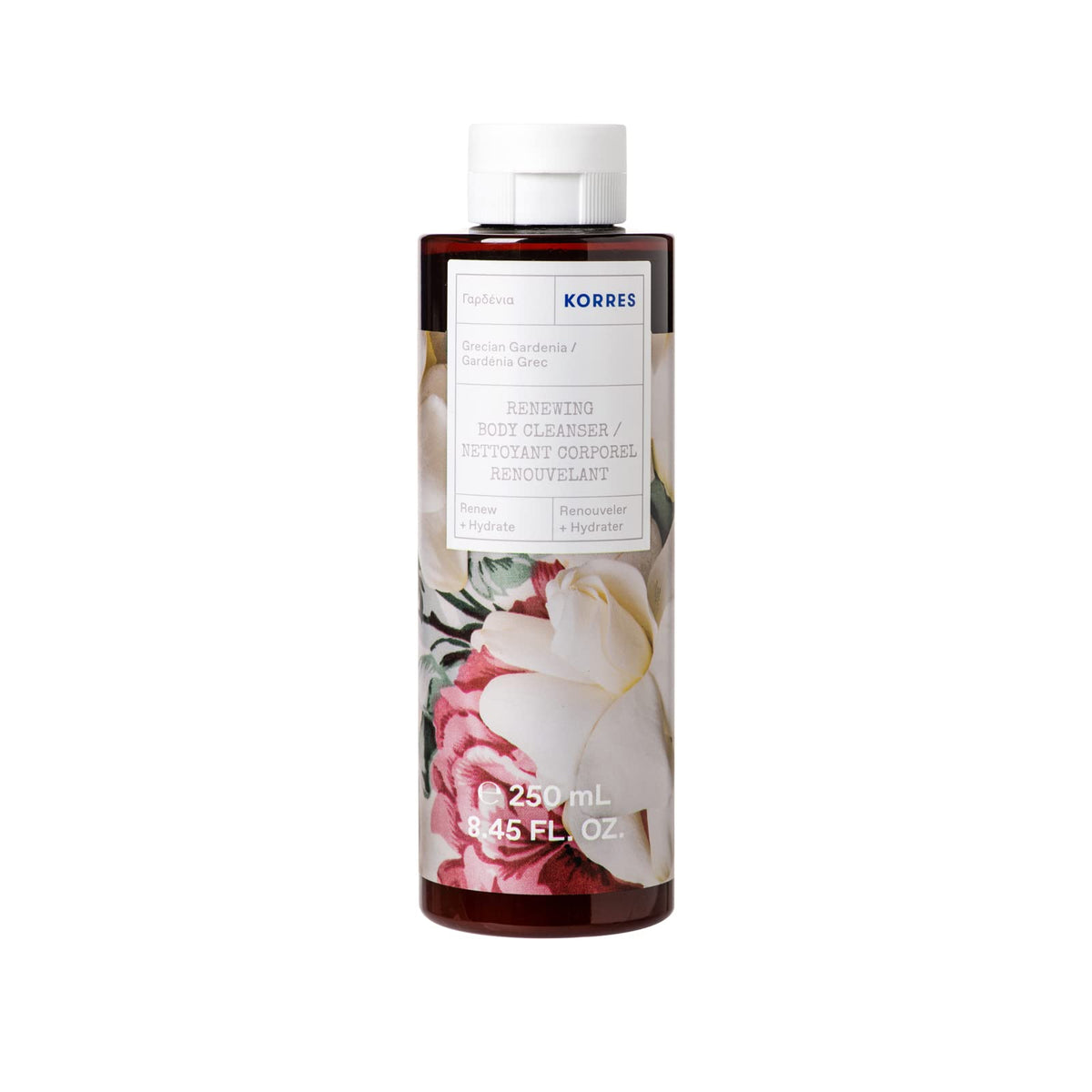 KORRES Grecian Gardenia Renewing Body Cleanser bottle-lather delivers gentle cleansing and hydration.