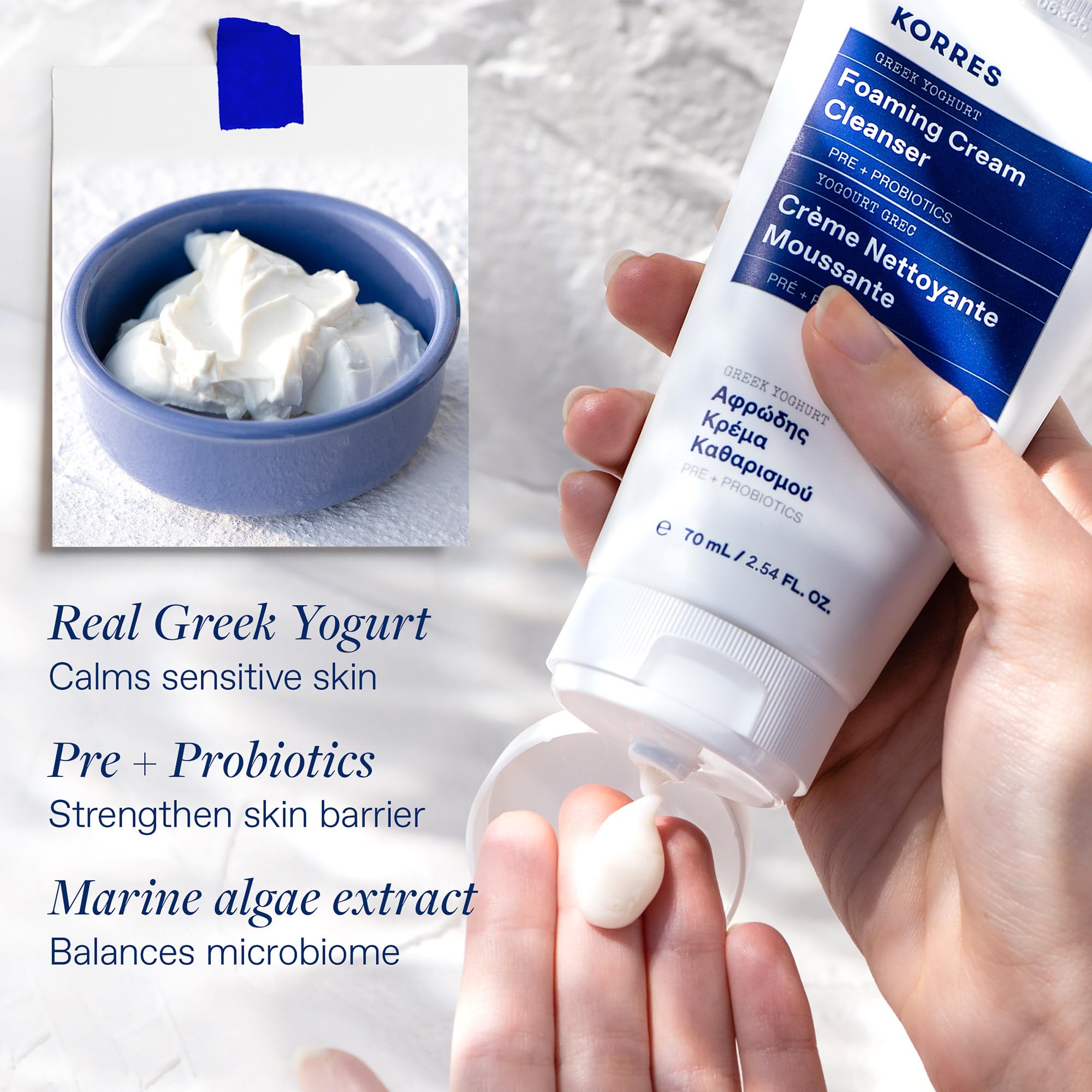 KORRES Greek Yoghurt Foaming Cream Cleanser amaranth seed extract supports the skin barrier.