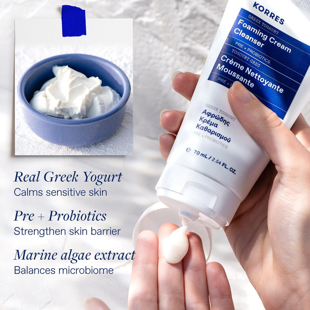 KORRES Greek Yoghurt Foaming Cream Cleanser amaranth seed extract supports the skin barrier.
