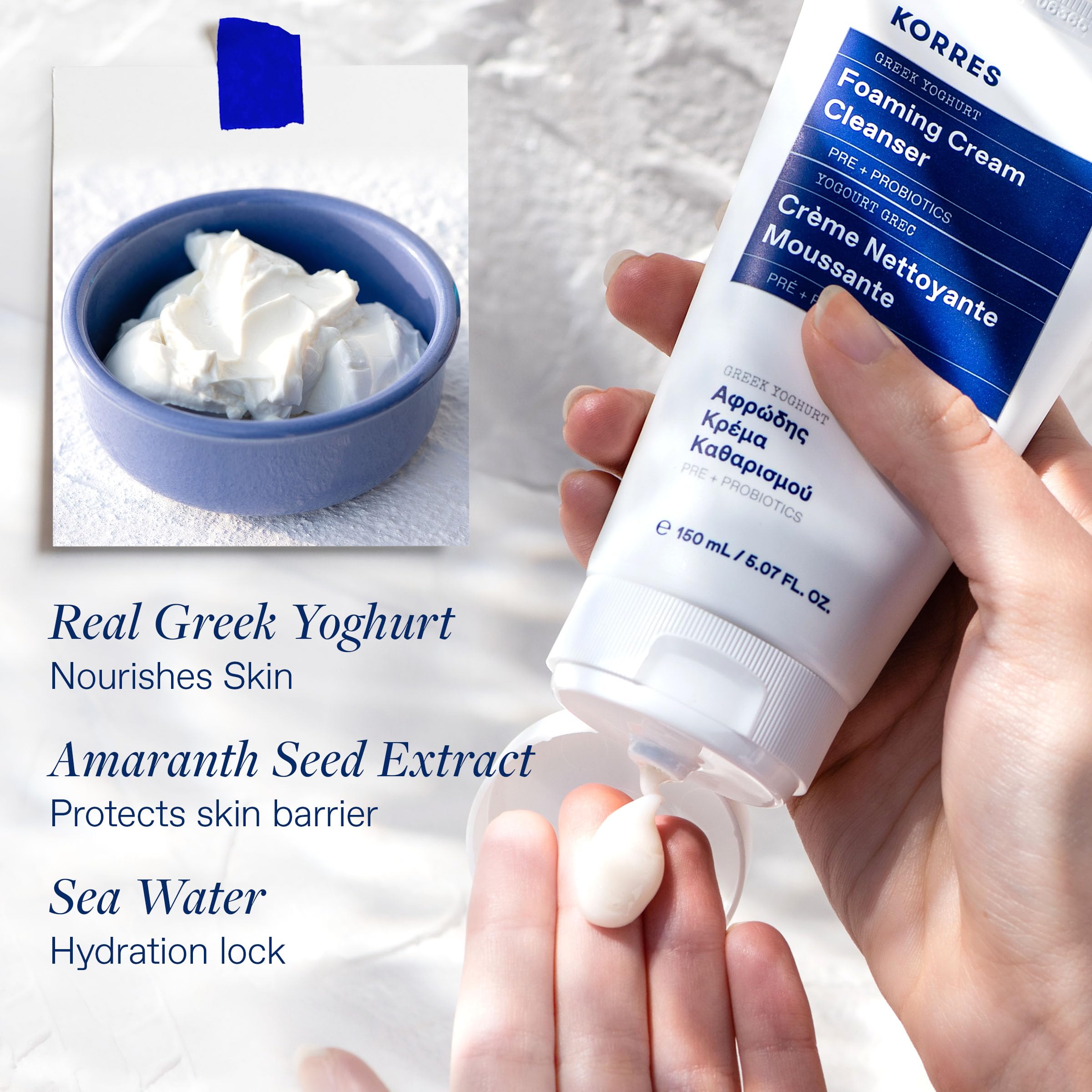 KORRES Greek Yoghurt Foaming Cream Cleanser applied to skin for gentle cleansing