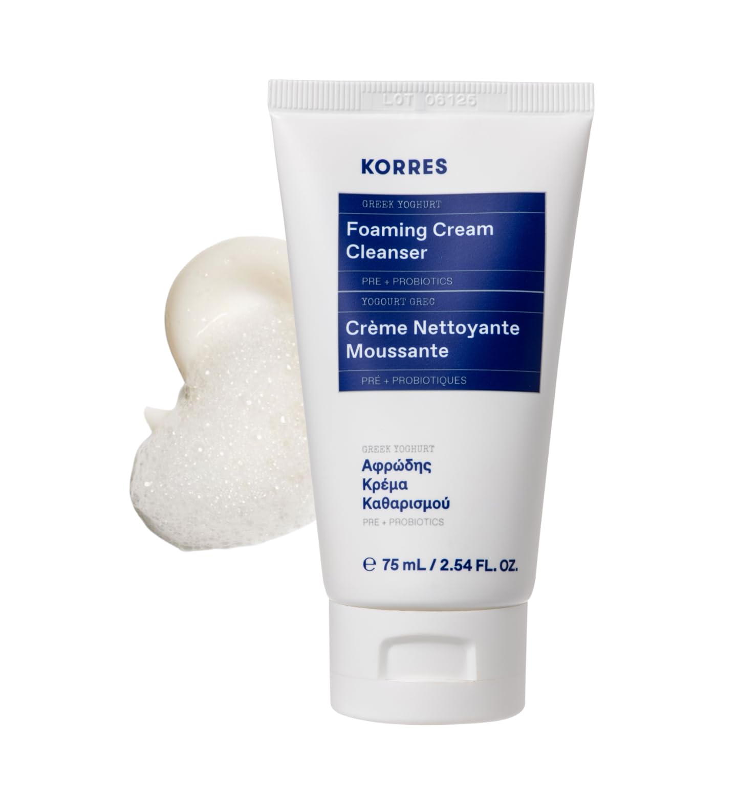 KORRES Greek Yoghurt Foaming Cream Cleanser packaging shows travel size for on the go cleansing.