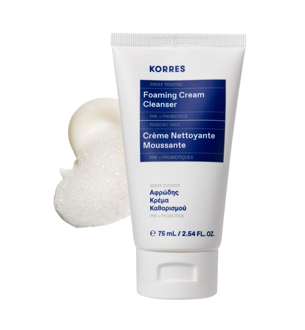 KORRES Greek Yoghurt Foaming Cream Cleanser packaging shows travel size for on the go cleansing.