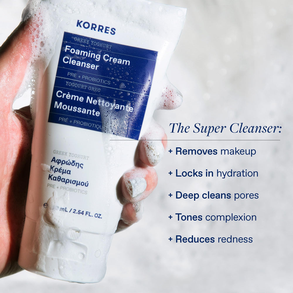 KORRES Greek Yoghurt Foaming Cream Cleanser texture forms a rich foam for gentle cleansing.