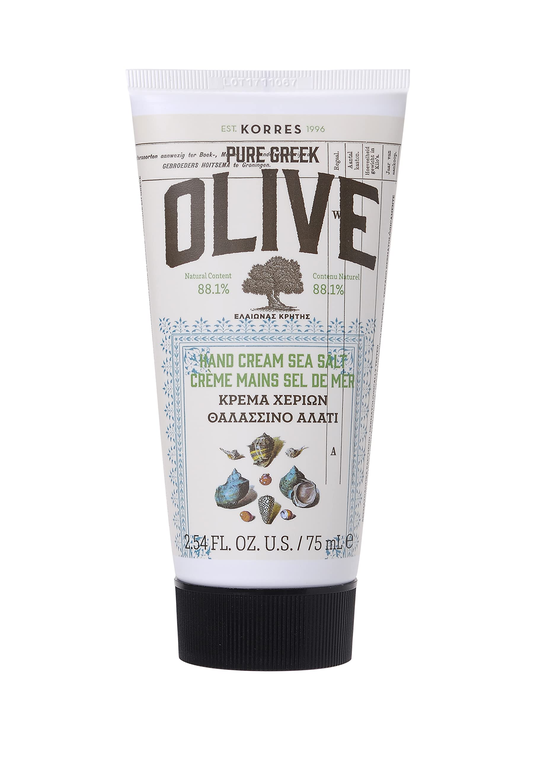 KORRES Olive Hand Cream Sea Salt jar shows lightweight, hydrating texture for dry hands.