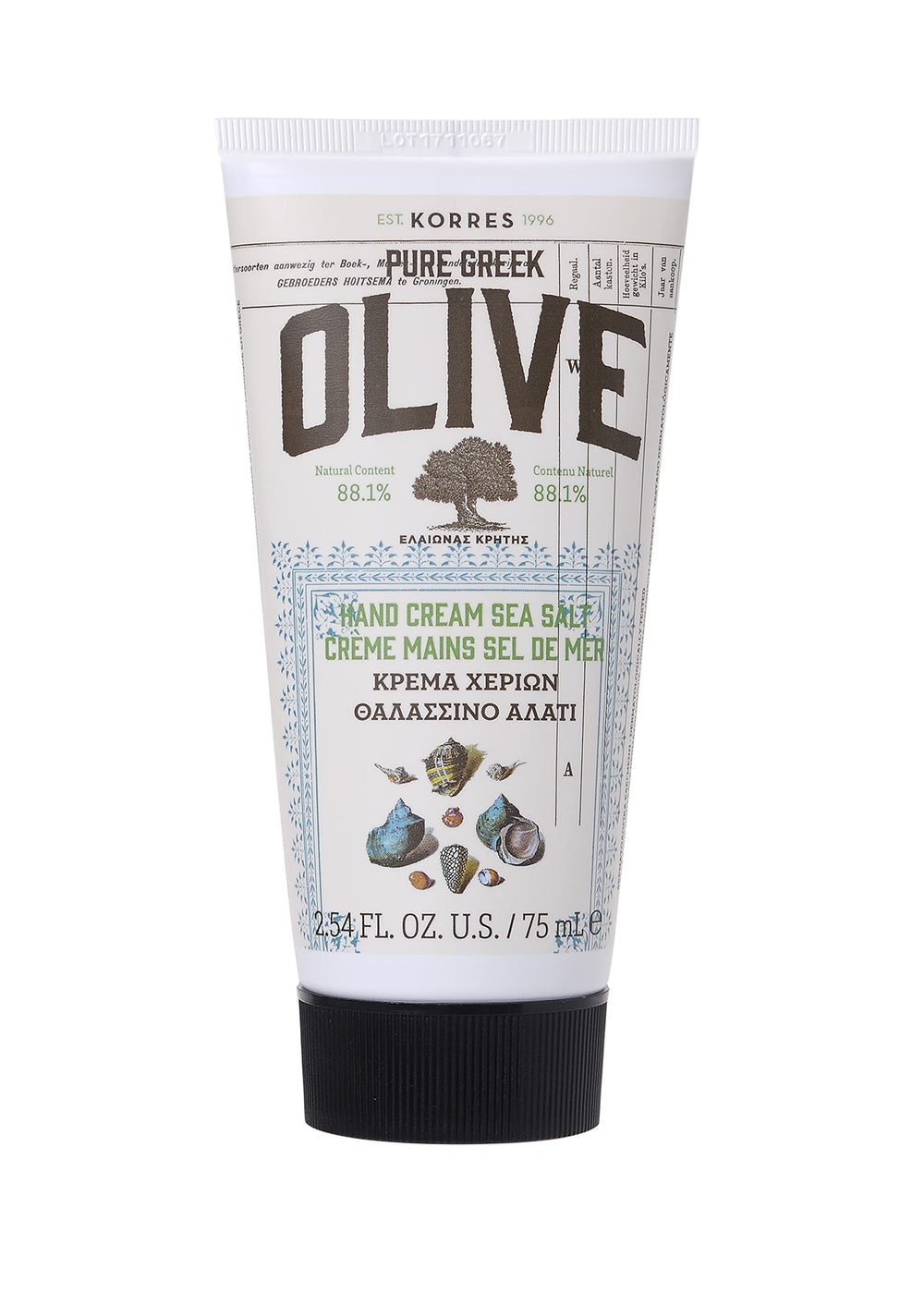 KORRES Olive Hand Cream Sea Salt jar shows lightweight, hydrating texture for dry hands.