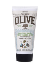 KORRES Olive Hand Cream Sea Salt jar shows lightweight, hydrating texture for dry hands.