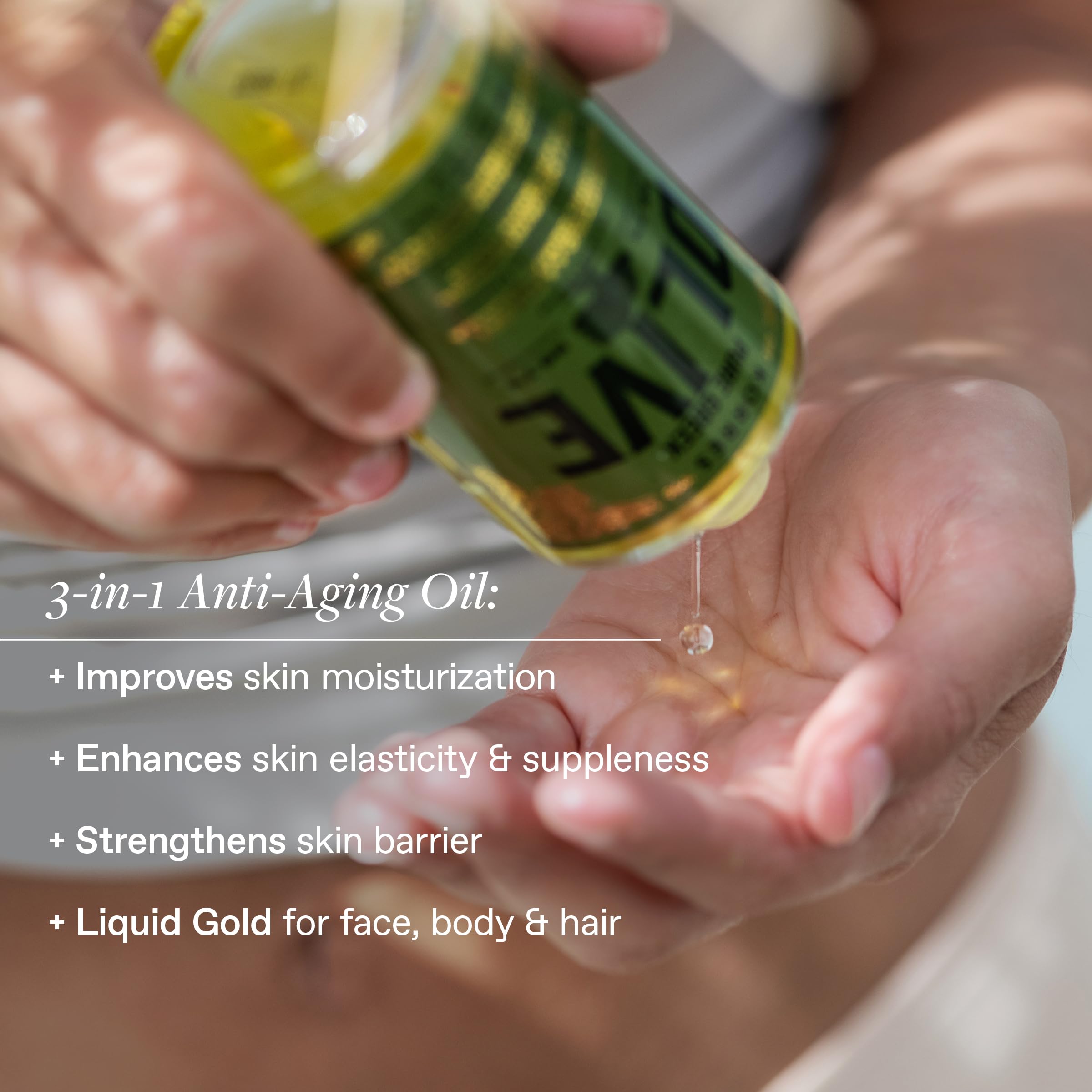 KORRES olive oil closeup highlights cold-pressed nutrients and antioxidants for nourished skin and hair.