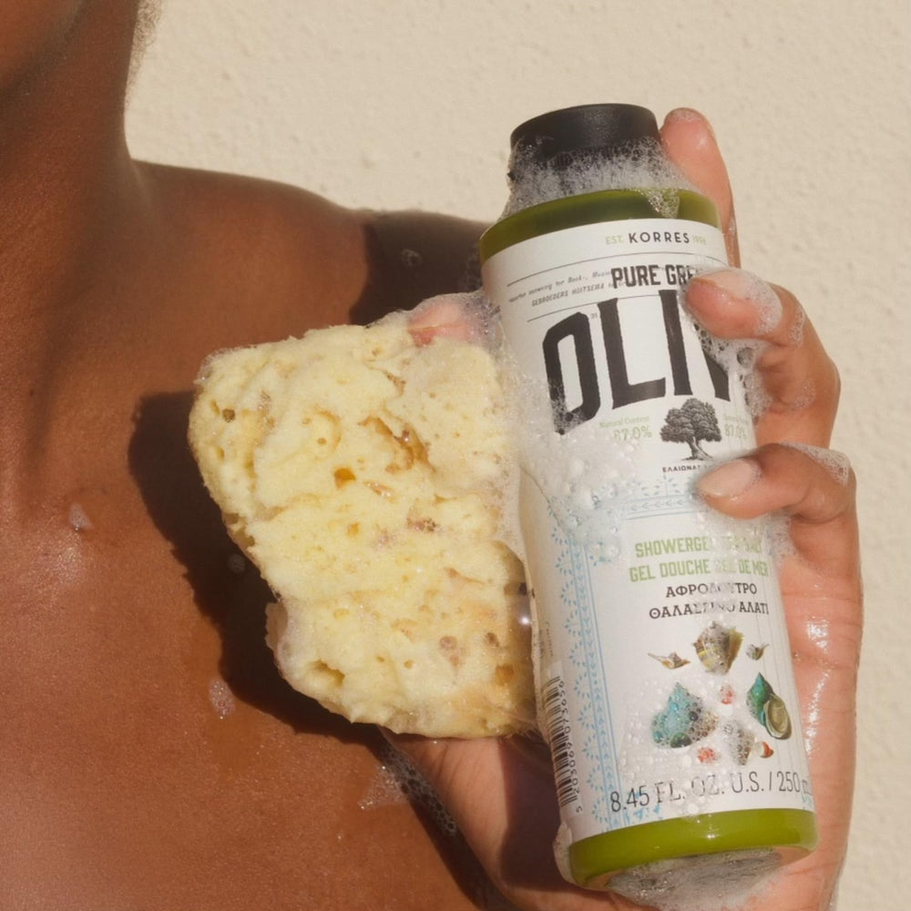 KORRES Olive Oil Shower Gel aloe wheat proteins nourish and hydrate skin.