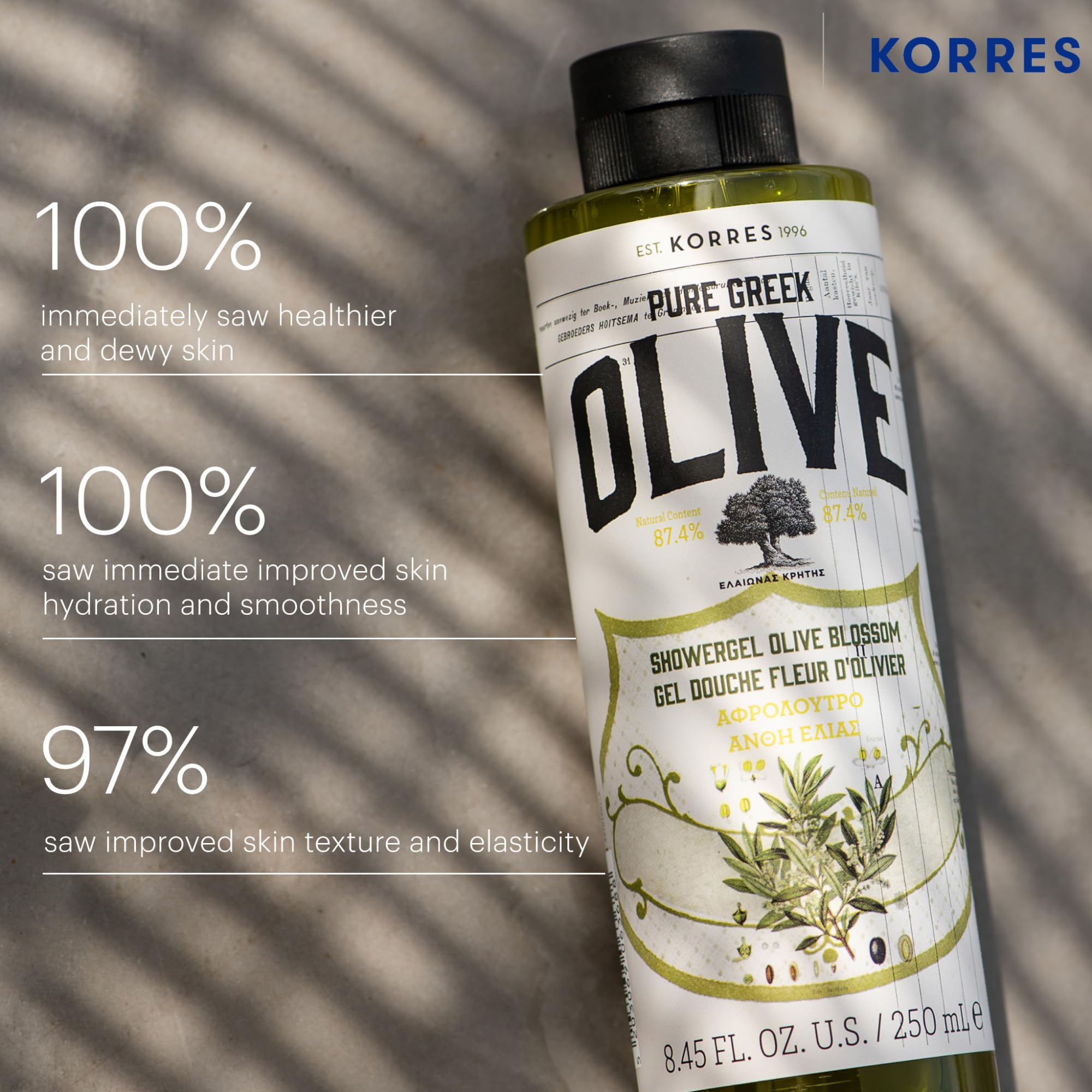 KORRES olive oil shower gel pour shot reveals rich lather and nourishment.