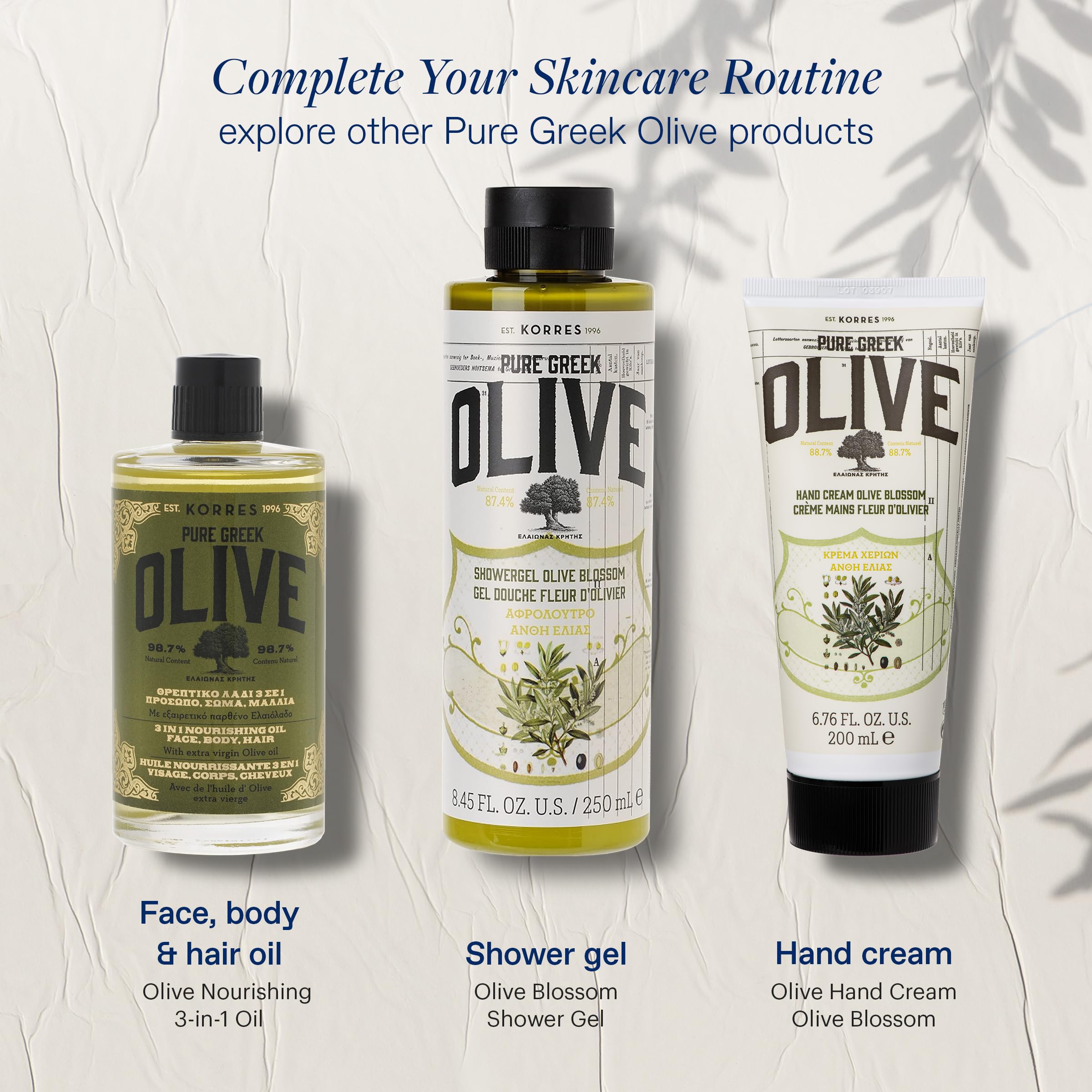 KORRES olive oil spa routine image suggests at-home self-care with a versatile multi-tasking product.
