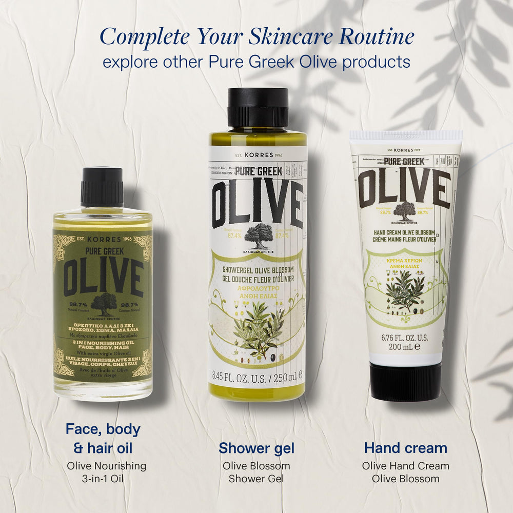 KORRES olive oil spa routine image suggests at-home self-care with a versatile multi-tasking product.
