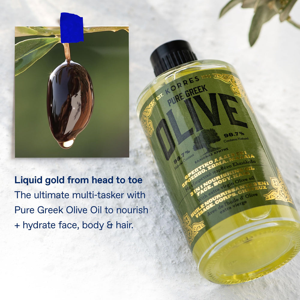 KORRES olive oil vegetarian-friendly brand card highlights dermatological testing and gentle formula.