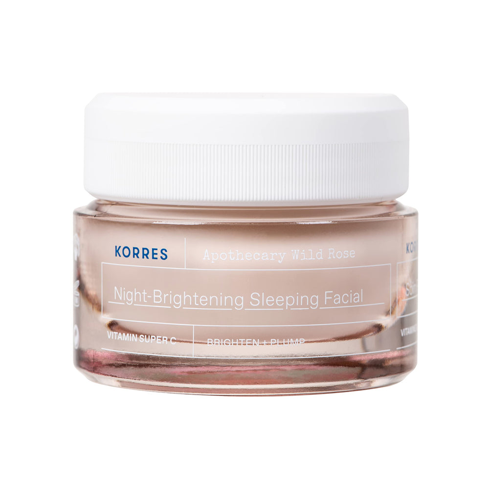 KORRES Wild Rose Night Cream jar closeup showing rich texture for overnight hydration.