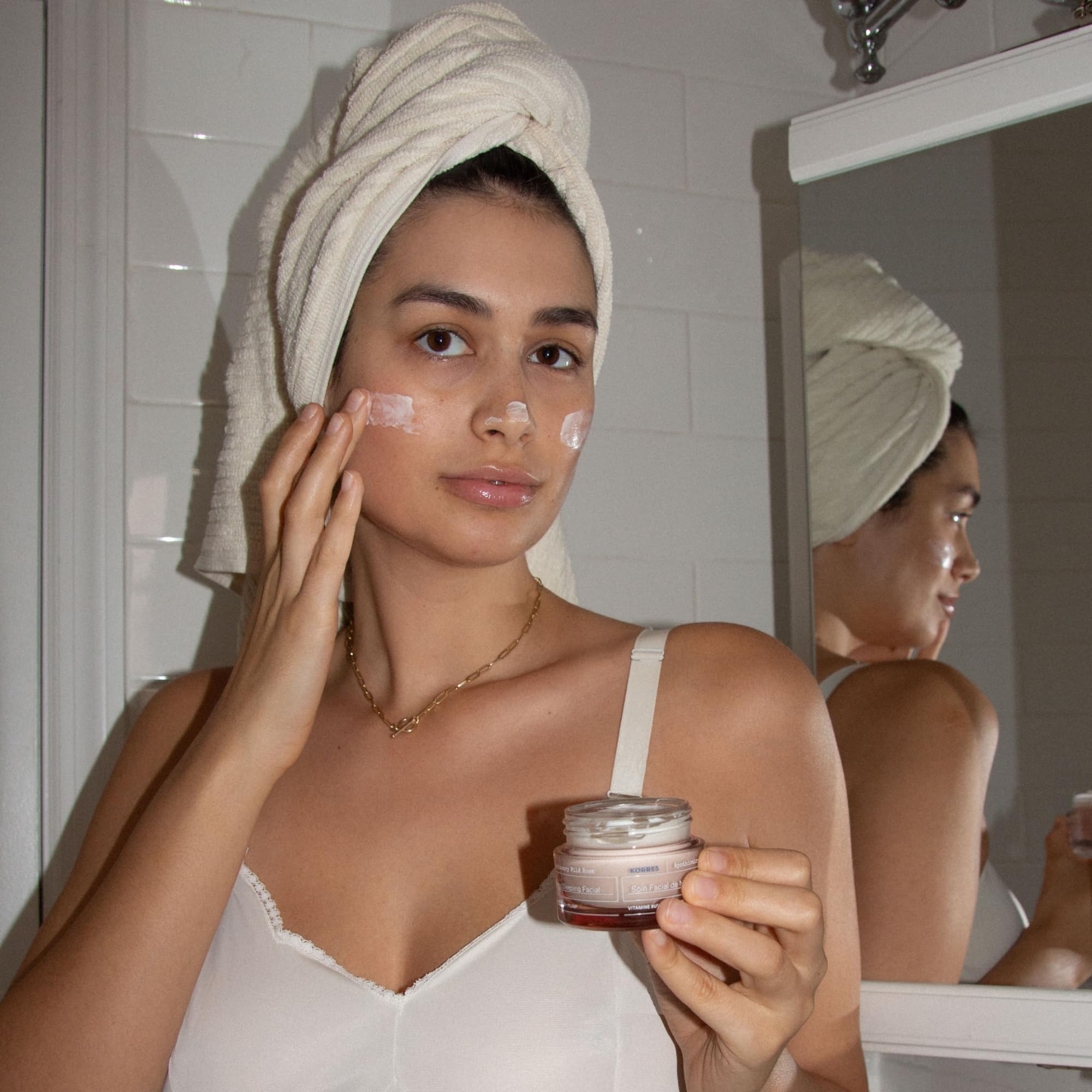 KORRES Wild Rose Night Cream texture souffle9 melts on skin for refreshingly light hydration.