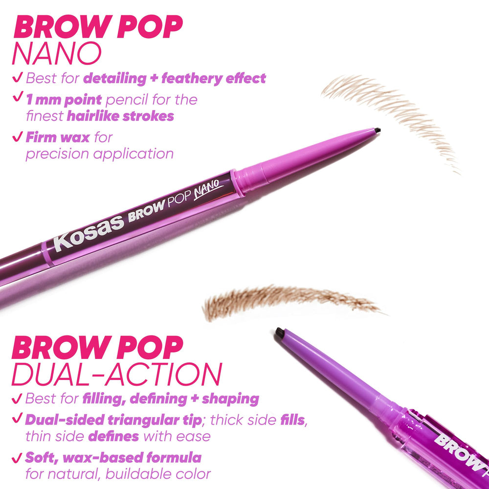 Kosas Brow Pop Nano brown-black shade shows versatile contour with feathered lines