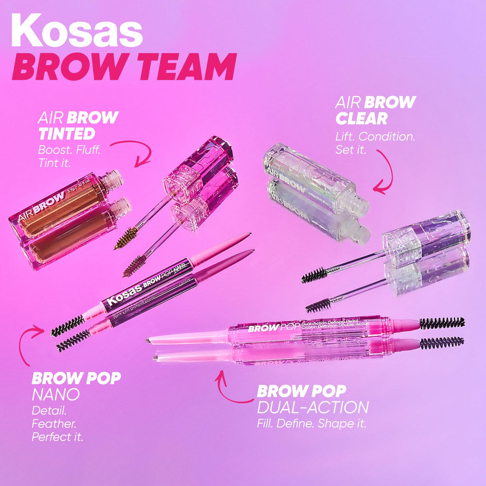Kosas Brow Pop Nano spoolie brush demonstrates brow grooming and precise blending