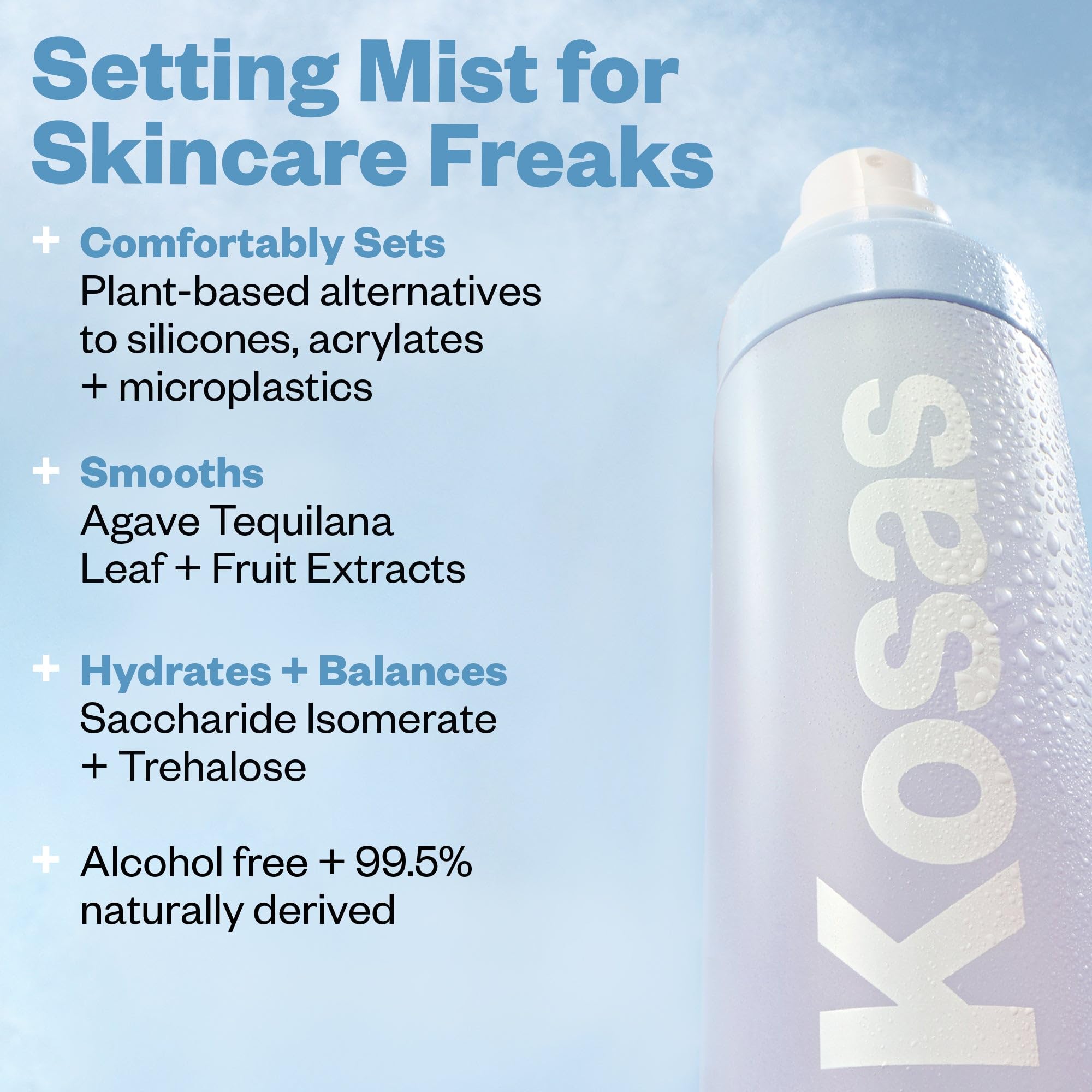 Kosas Cloud Set mist application closeup, spritz for instant refresh and breathable skin