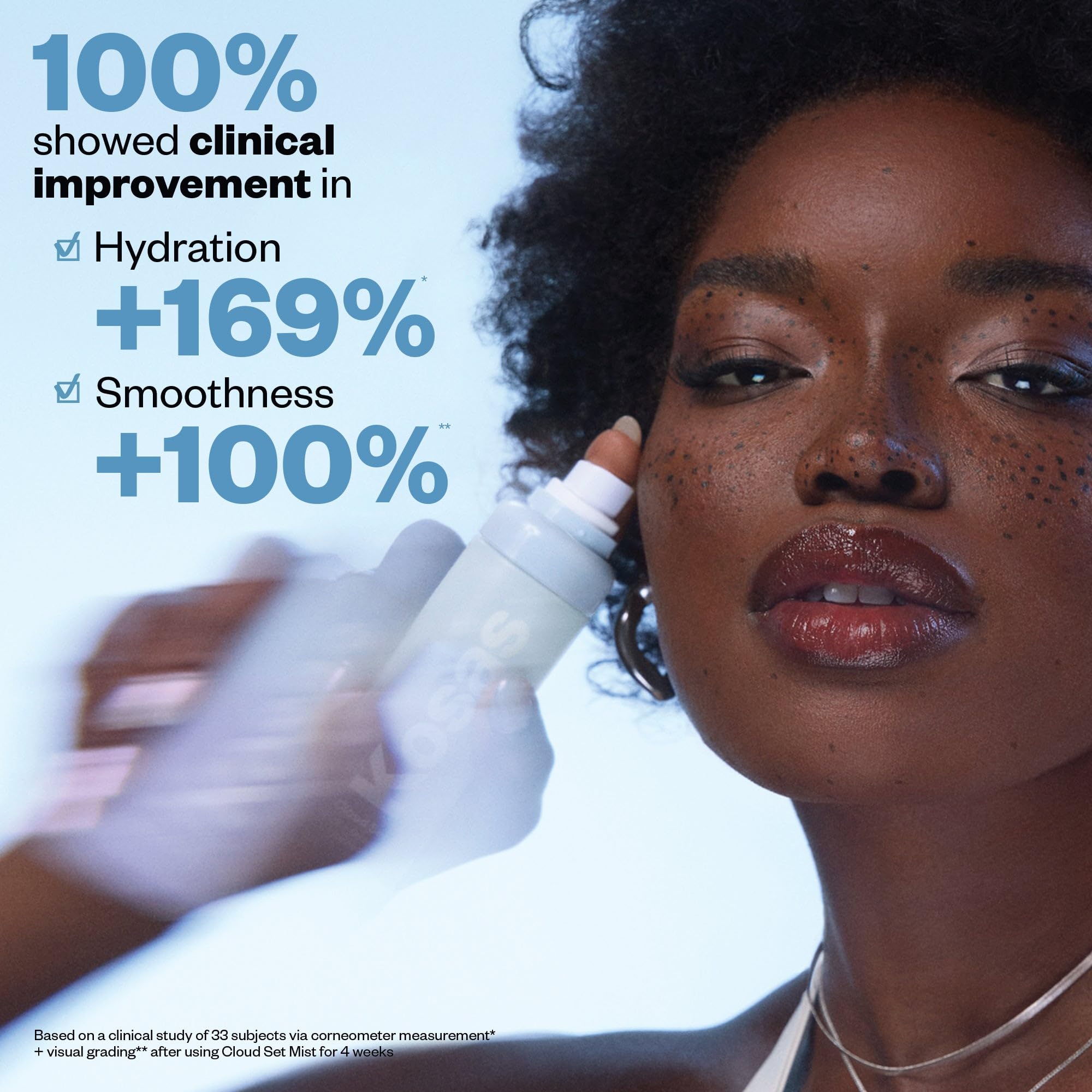 Kosas Cloud Set mist portrait, pores minimized and shine controlled over time