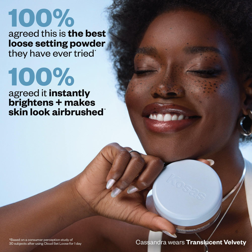Kosas Cloud Set bamboo extract label implies oil absorption and a fresh complexion.