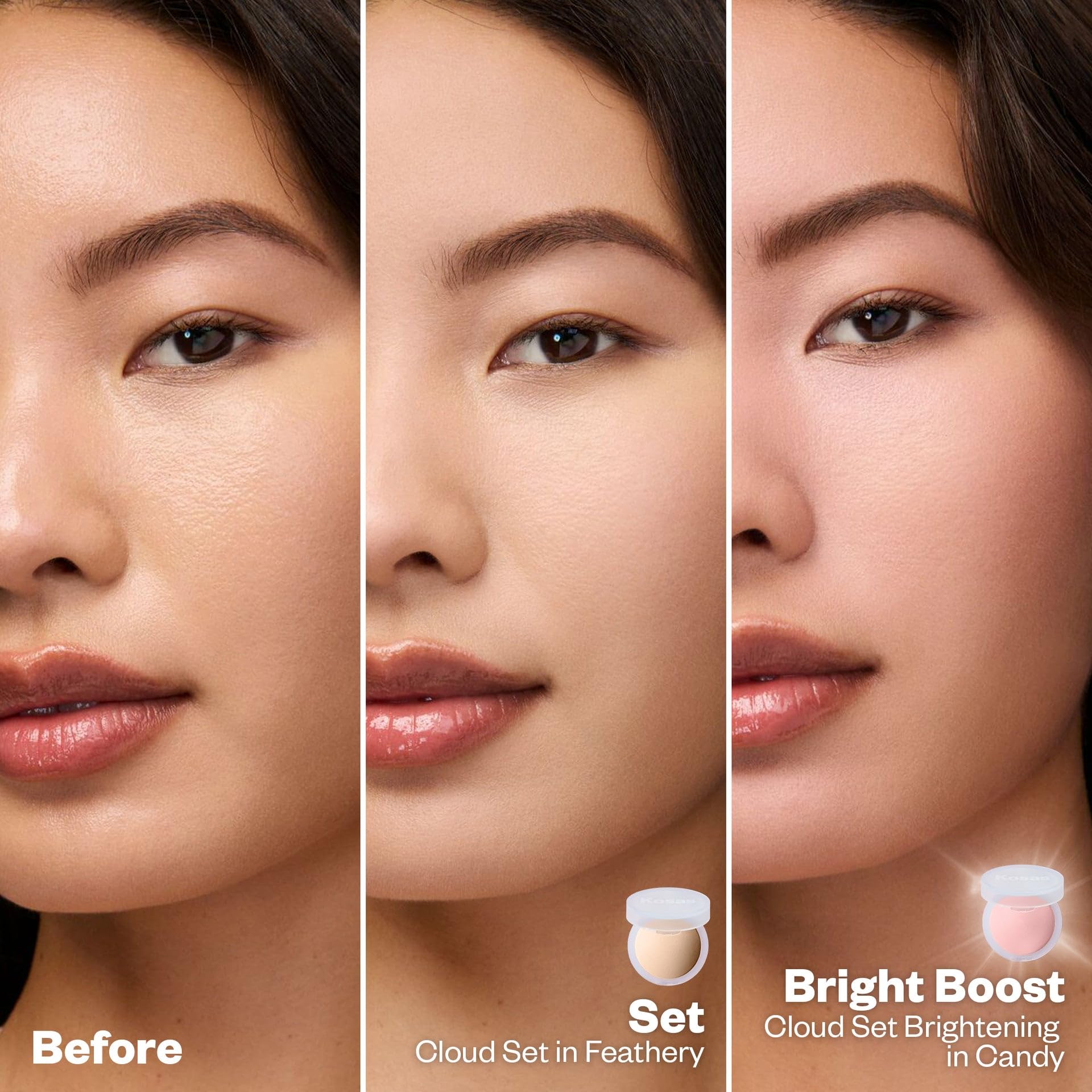 Kosas Cloud Set powder helps blur pores for smoother texture in closeup.
