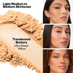 Kosas Cloud Set translucent powder swatch reveals a barely-there veil and shine control.