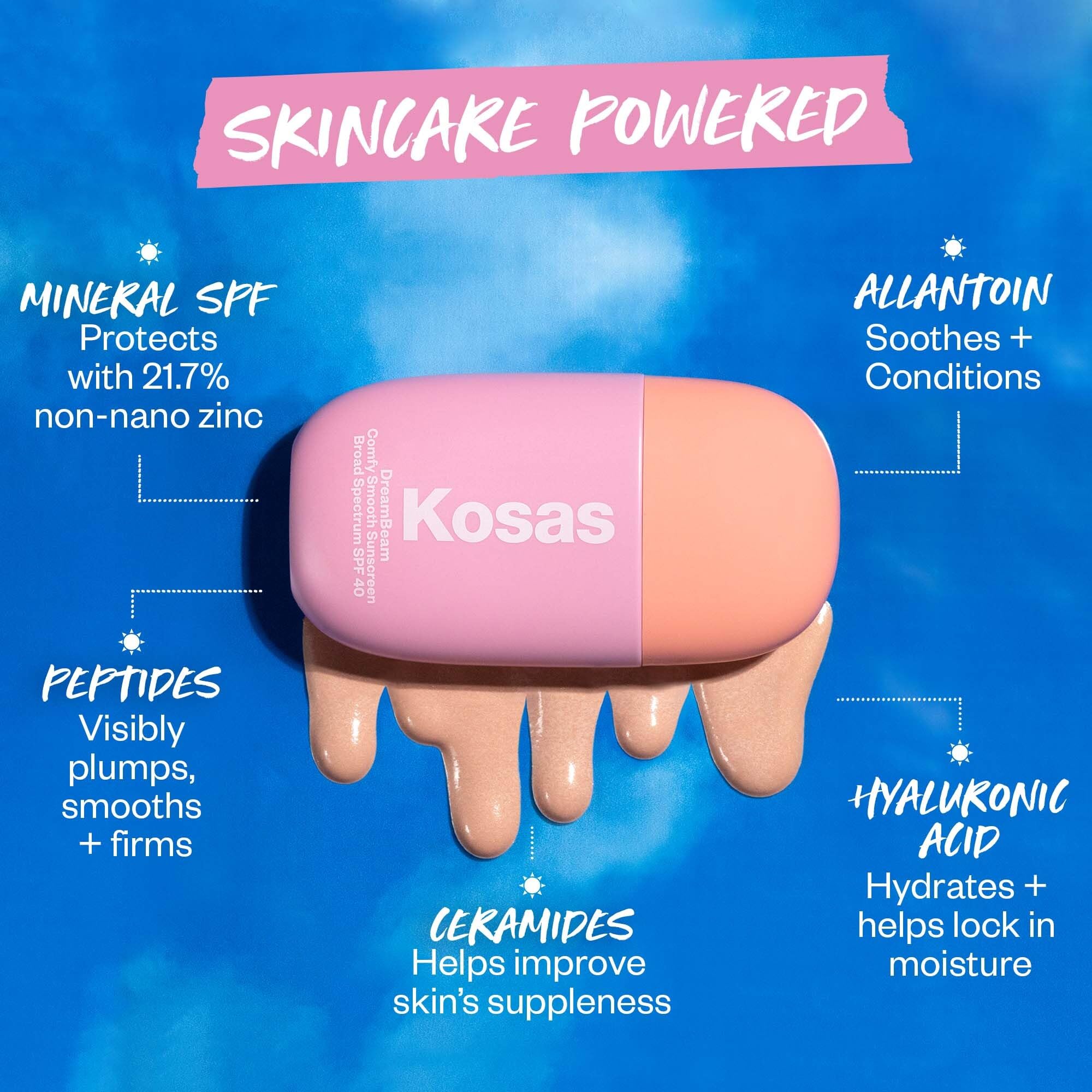 Kosas DreamBeam fragrance-free label signals gentle, irritation-free protection for sensitive skin.