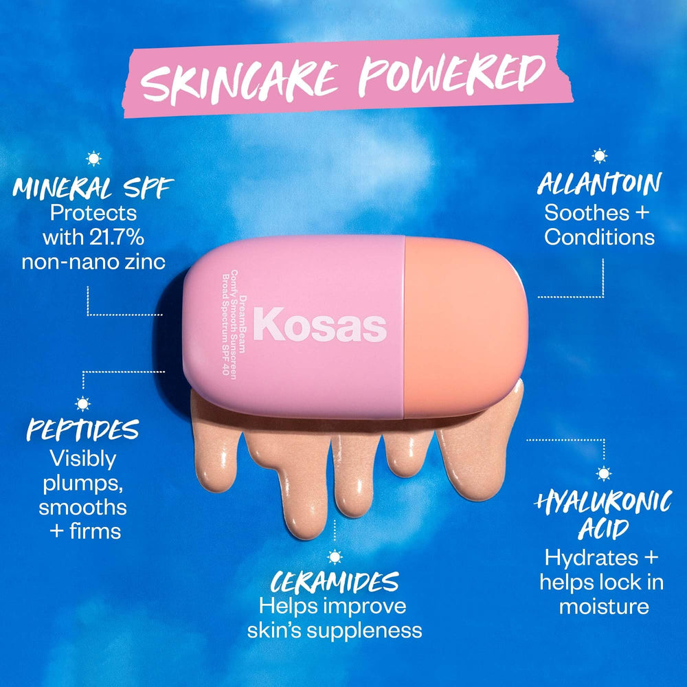 Kosas DreamBeam fragrance-free label signals gentle, irritation-free protection for sensitive skin.