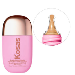 Kosas DreamBeam soft golden hue glow enhances warm vacation-inspired skin.