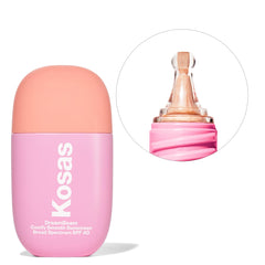 Kosas DreamBeam texture swatch shows lightweight mineral sunscreen for smooth makeup base.