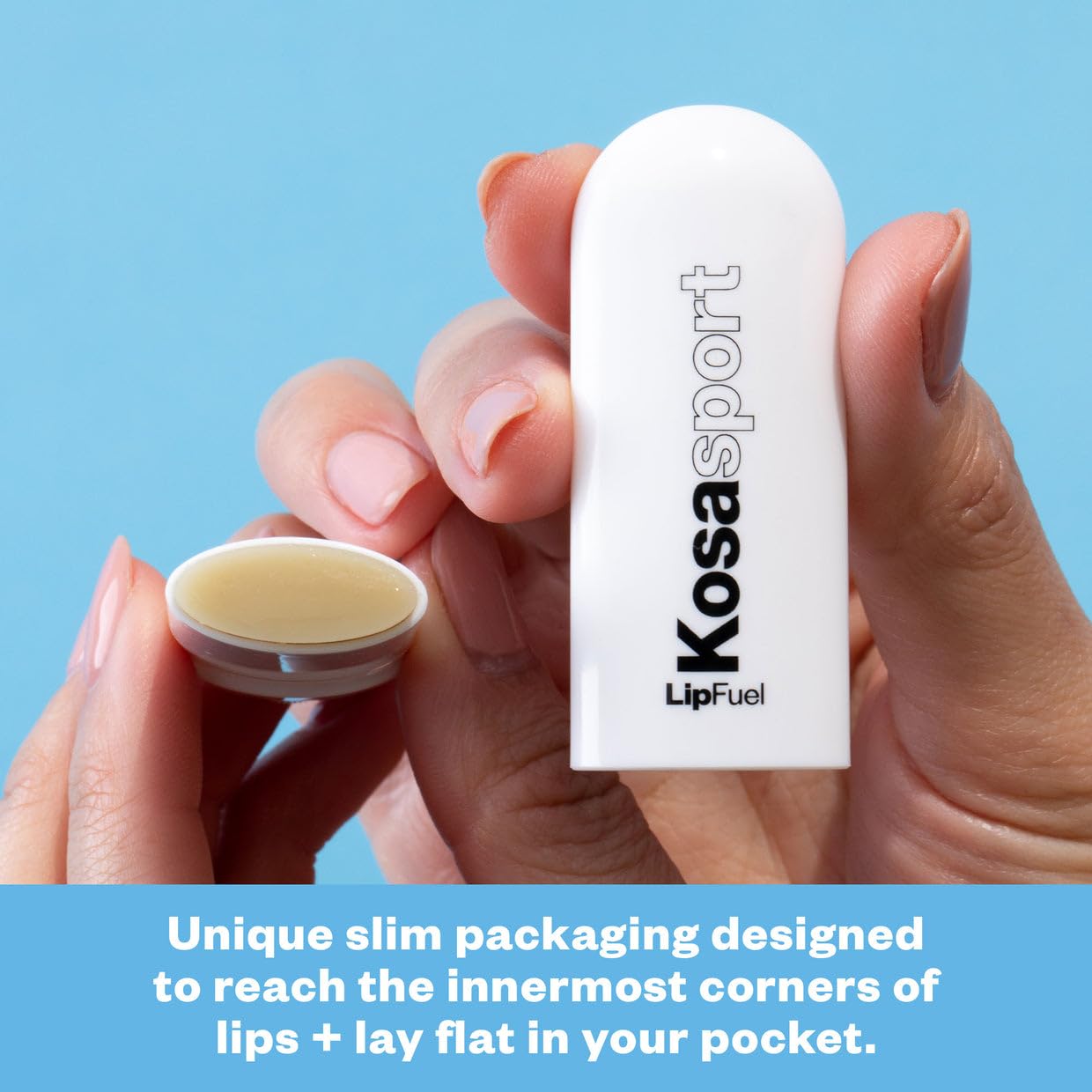 Kosas Lipfuel slim packaging emphasizes pocket-friendly design for easy carry during workouts.