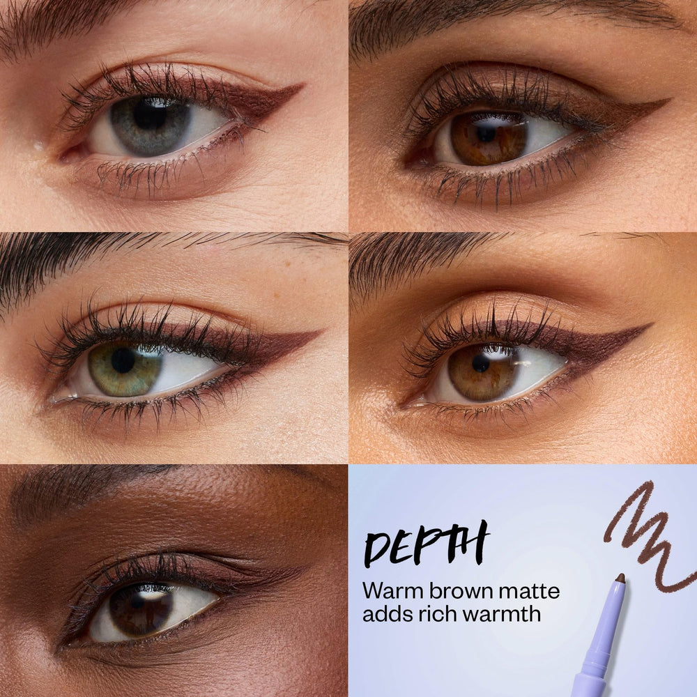 Kosas Soulgazer Depth in-action application highlights precise line and smoky finish.