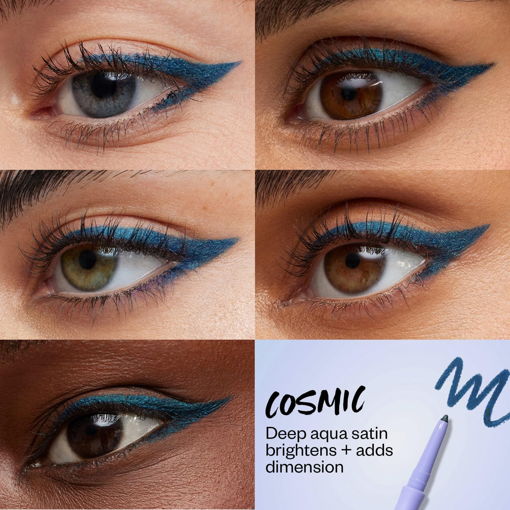 Kosas Soulgazer Cosmic applying demonstrates silky glide and precise line control.