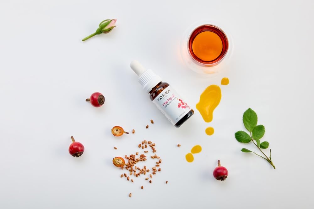 Kosmea Rosehip Oil entire fruit-seed-skin illustration shows full-spectrum nutrients for complexion.