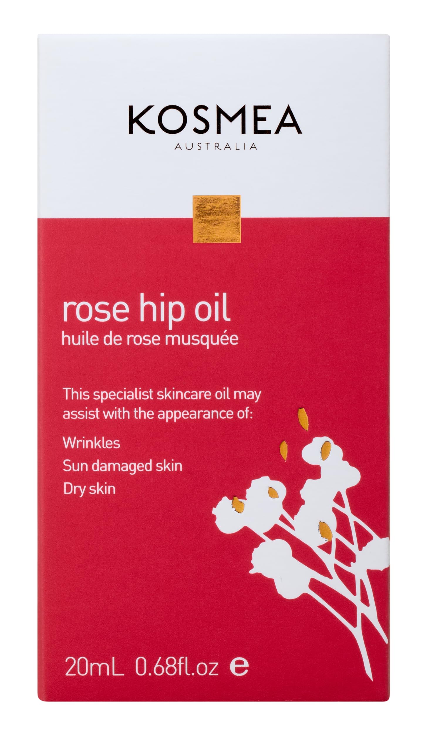 Kosmea Rosehip Oil key-nutrients omega-vitamins visual emphasizes nourishing benefits for healthy glow.