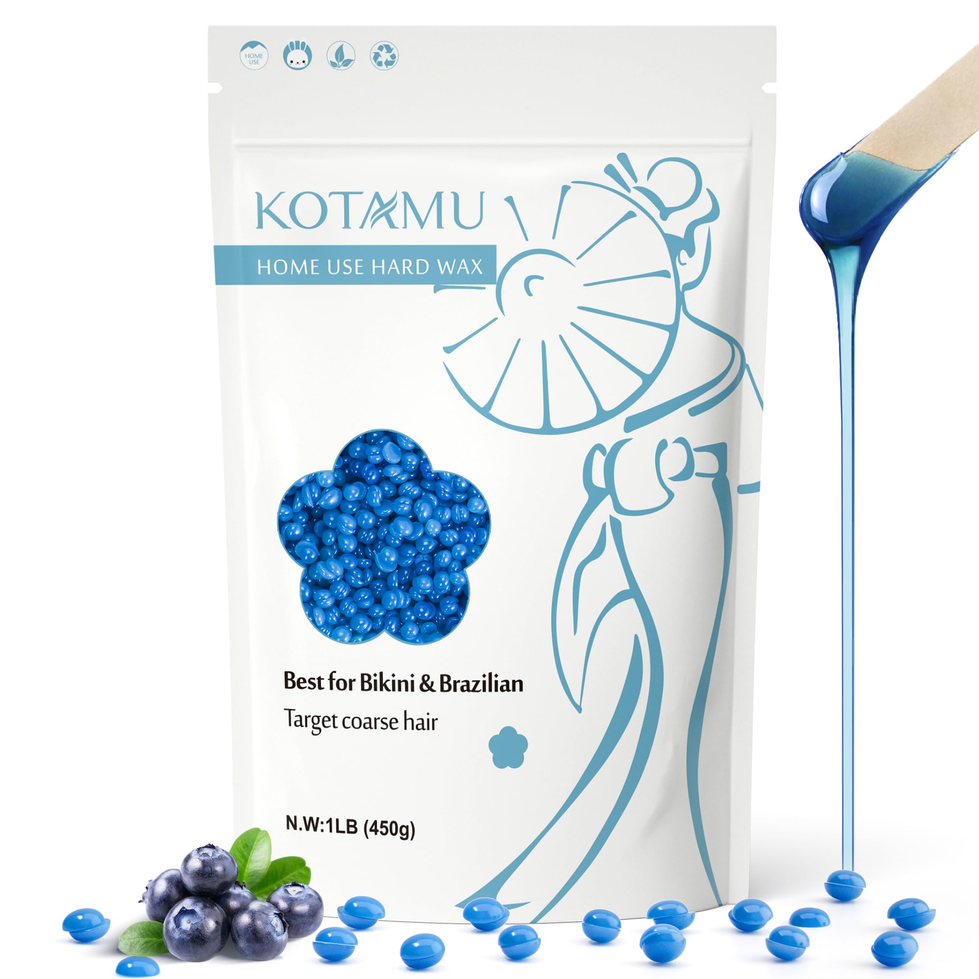 KOTAMU blue hard wax beads for Brazilian bikini, at-home hair removal