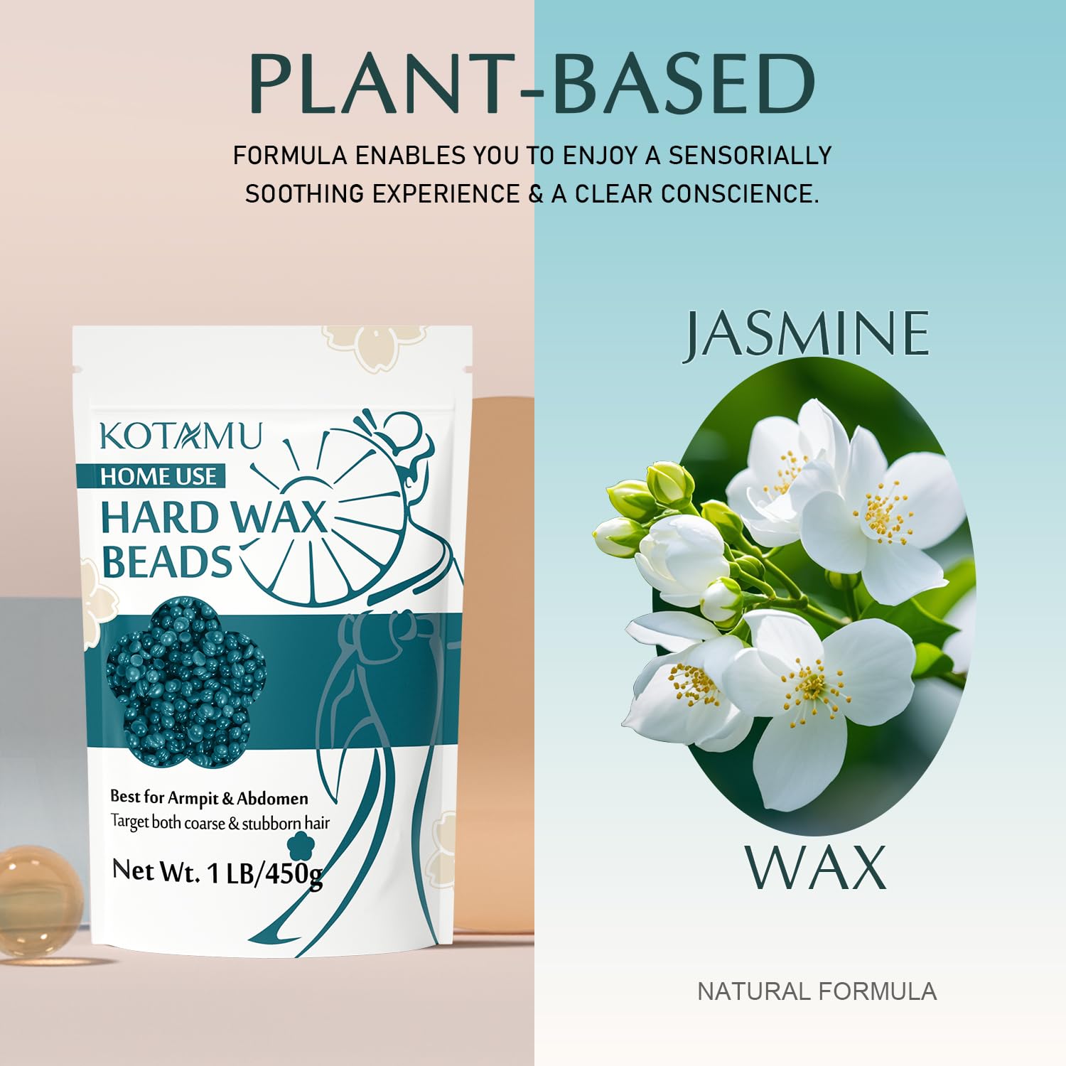 KOTAMU hard wax beads 1lb packaging with jasmine scent for sensitive skin comfort.