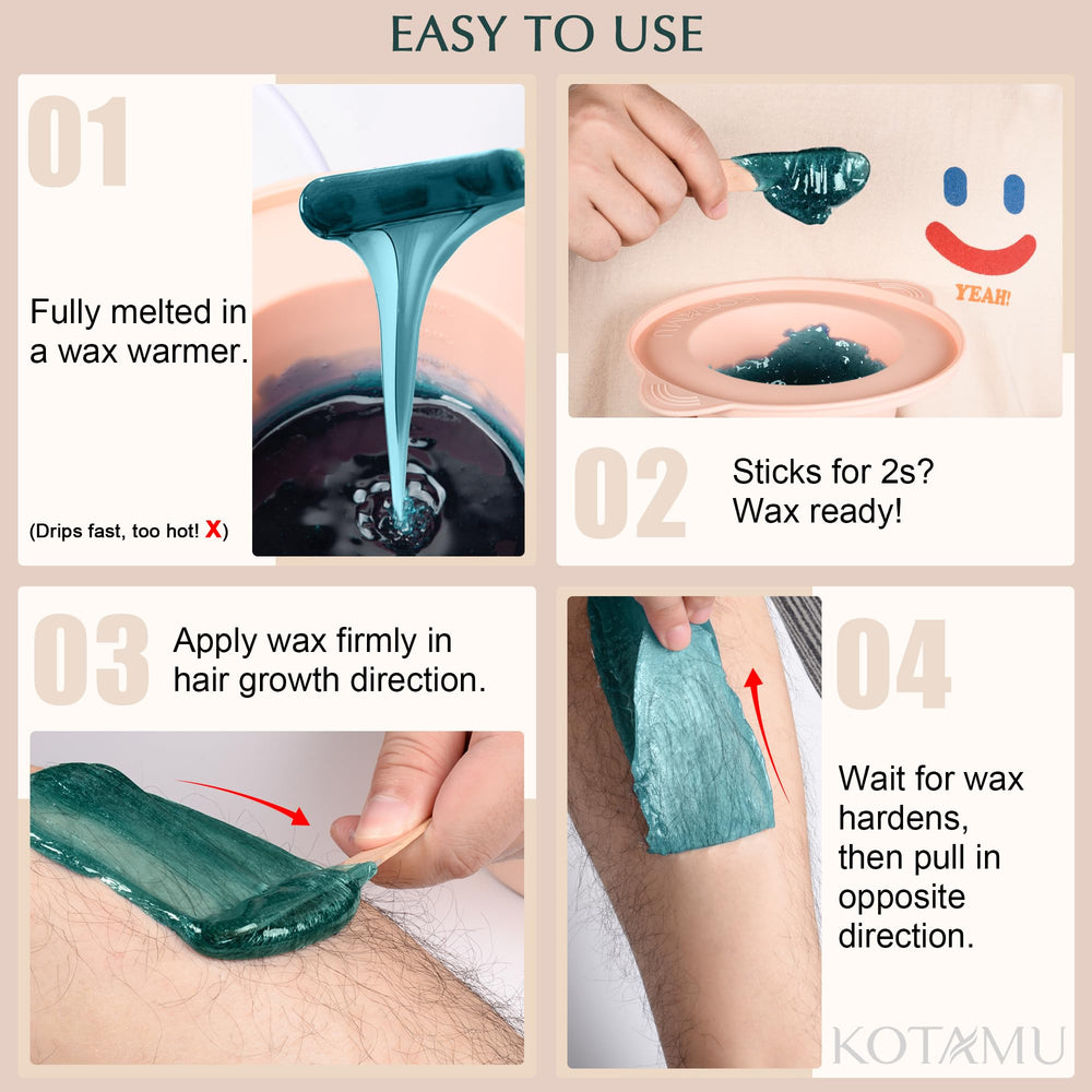 KOTAMU hard wax beads label highlights ingredients friendly to delicate skin.