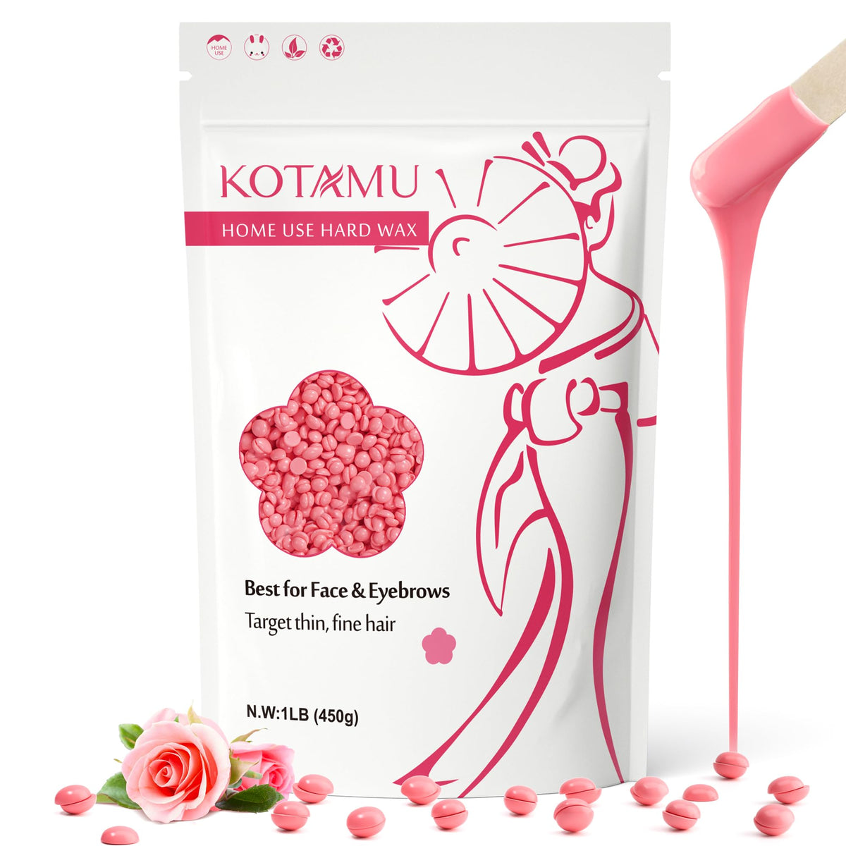 KOTAMU wax beads rose extract closeup for gentle hair removal on sensitive skin.