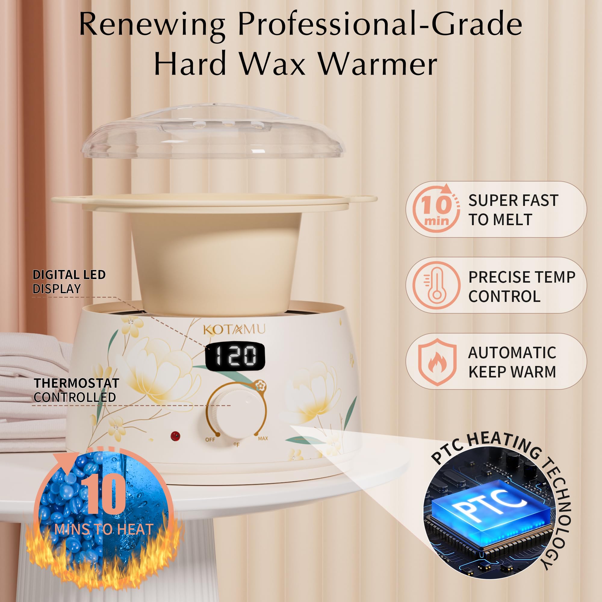 KOTAMU wax warmer dial close-up showing adjustable temperature for customized waxing