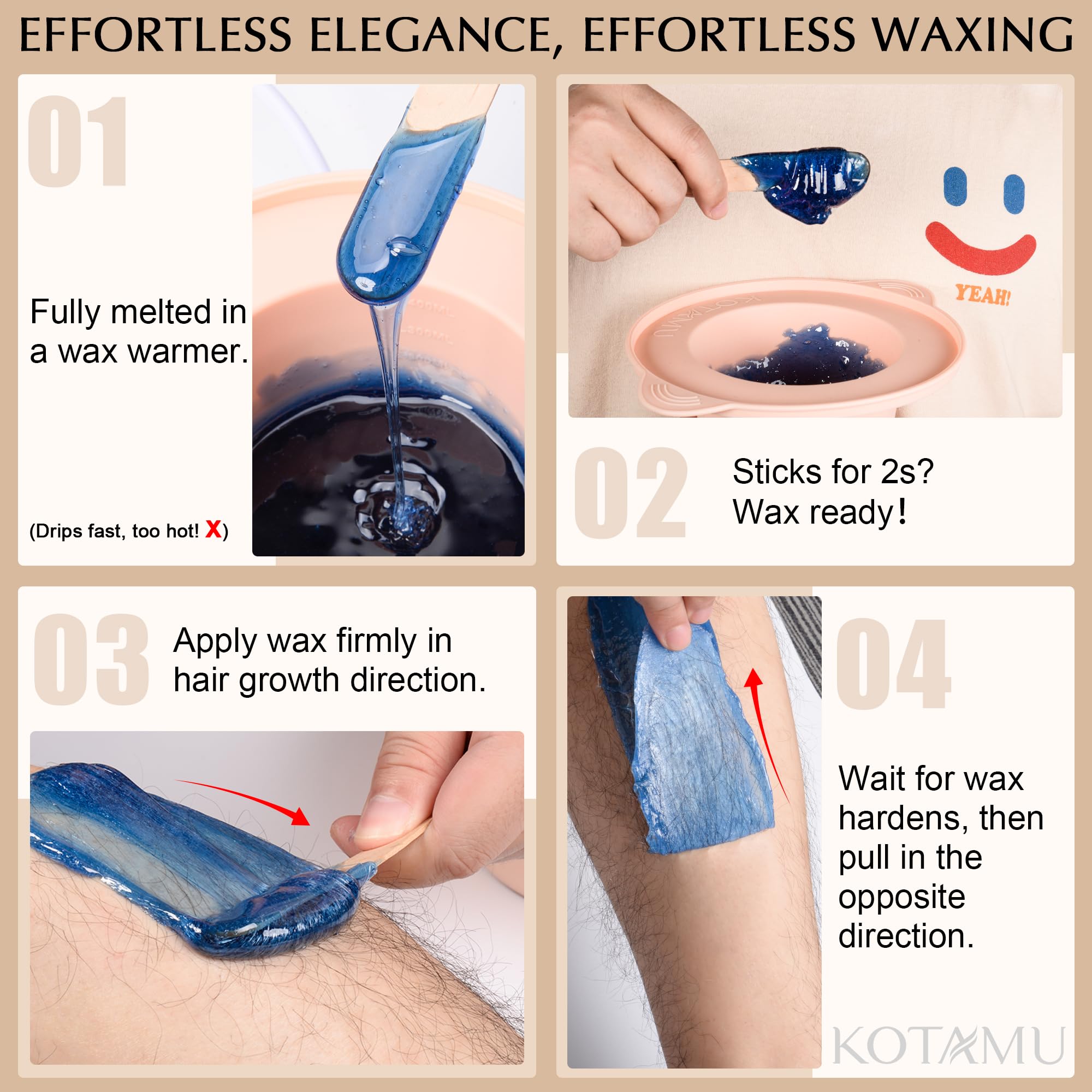 KOTAMU waxing kit in-use on leg demonstrating full-body home waxing