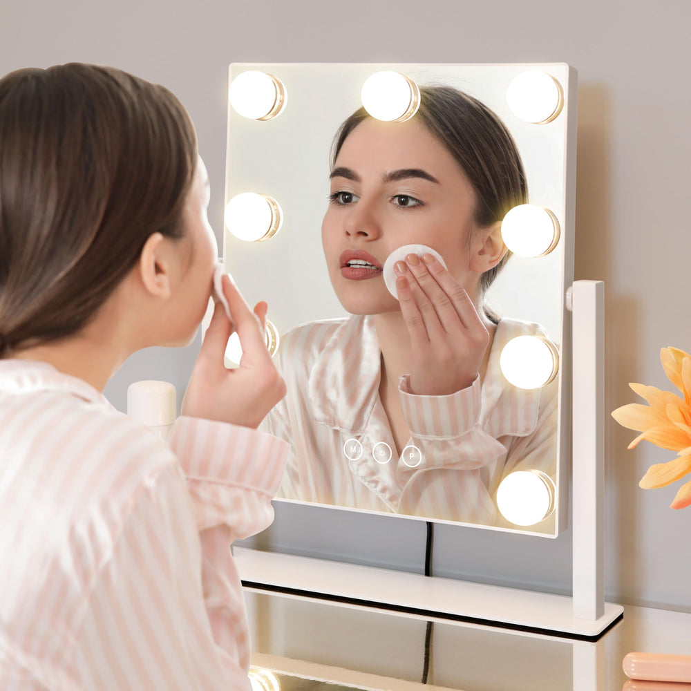 Kotdning vanity mirror highlighting nine frosted bulbs for even illumination