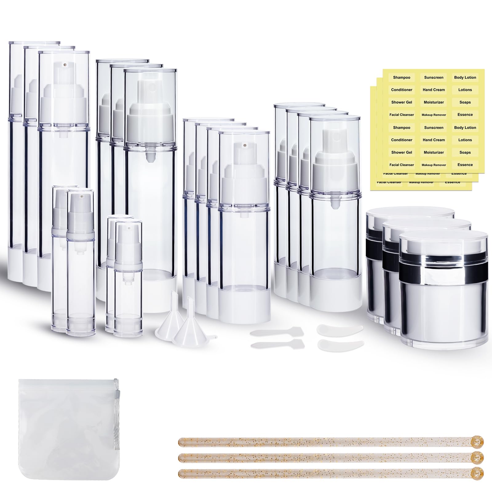 KOUWICH airless pump jar set 34-pack for organized skincare on the go with precise dispensing.