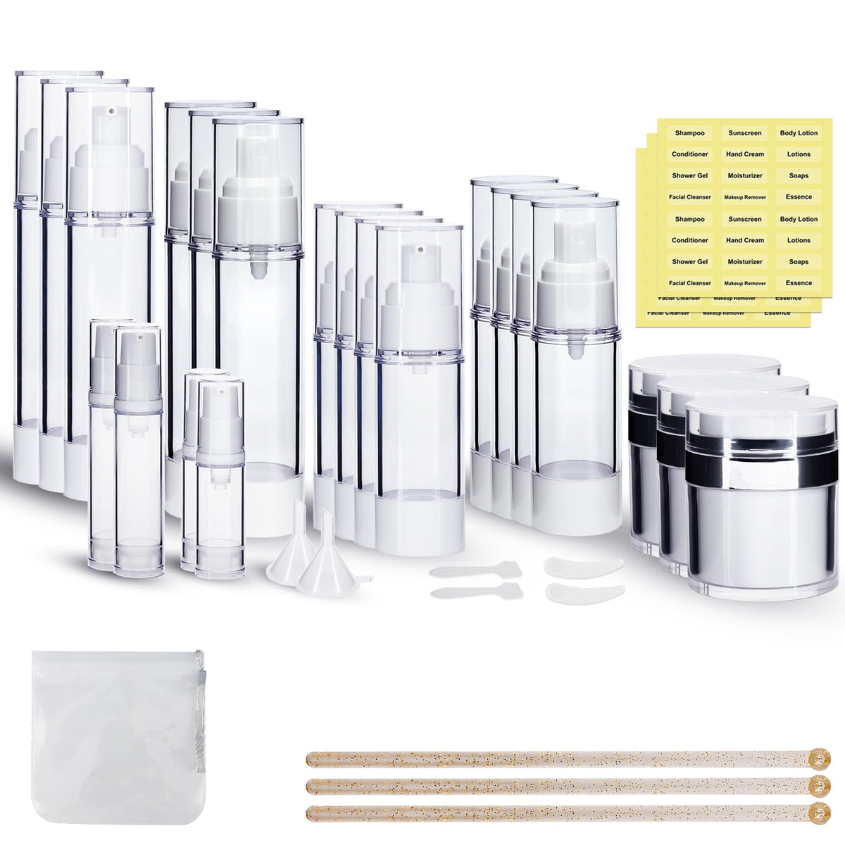 KOUWICH airless pump jar set 34-pack for organized skincare on the go with precise dispensing.